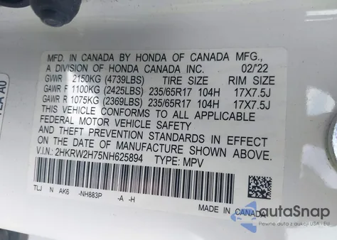 2022 Honda Cr-V Awd Special Edition from USA, damaged, VIN 2HKRW2H75NH625894